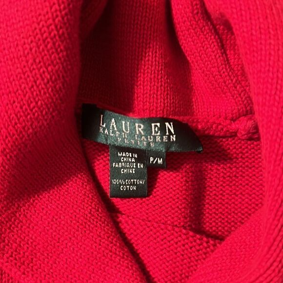 LRL PM Cotton Bright Red Gold Shawl Button Detail Neck Knit Pullover Sweater - Picture 10 of 16